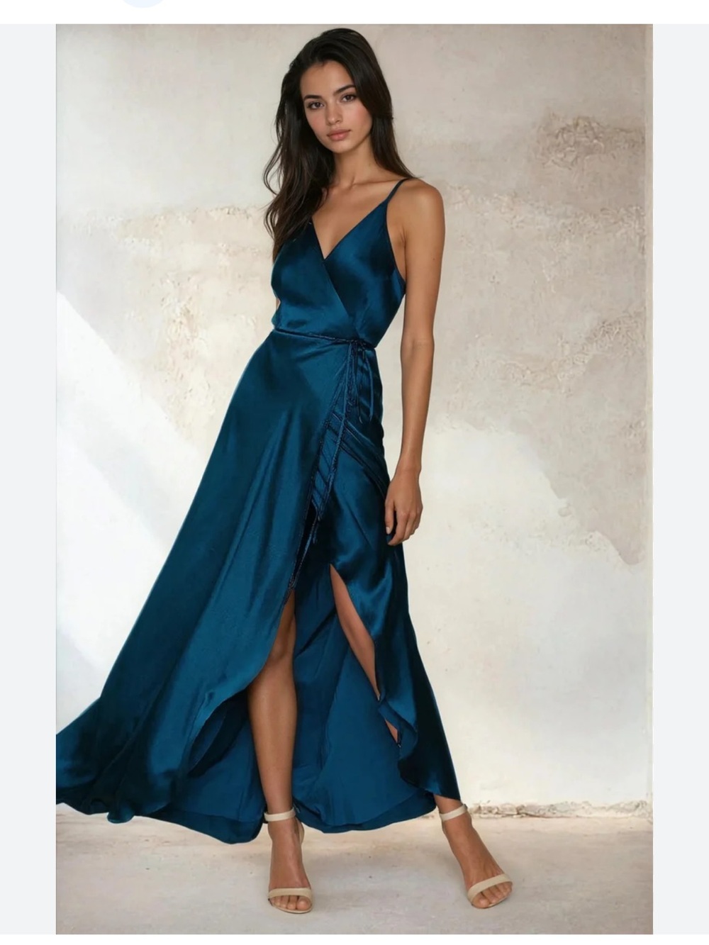 Yumi Kim Teal Satin Wrap Maxi Dress with Side Slit - Picture 2 of 14